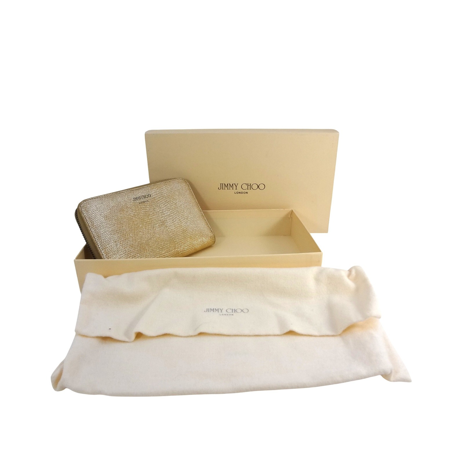 Jimmy Choo Gold Metallic Lizard Embossed Leather Zip Around Wallet With Box